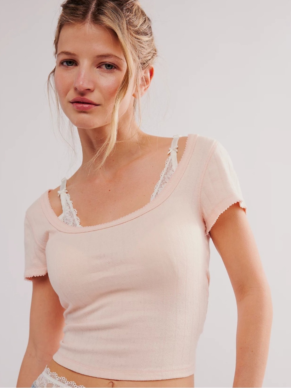BNWT Free People End Game Pointelle Baby Tee- Peach